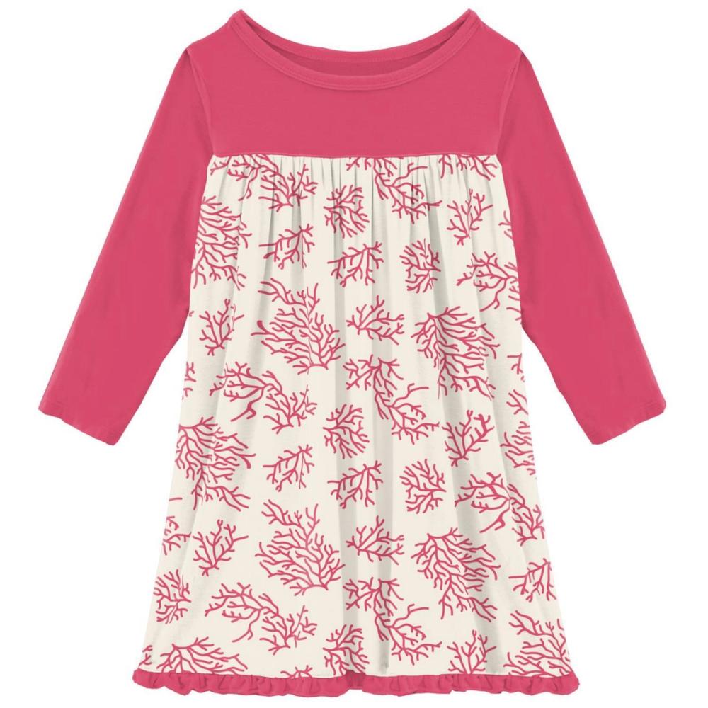 NEW KICKEE girls' classic long sleeve swing dress in natural coral